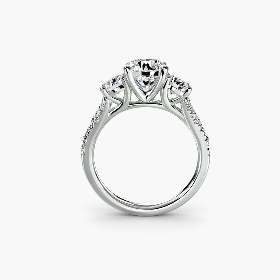 Three-Stone with Trellis Pavé Band — diamond engagement ring, GIA- or IGI-certified