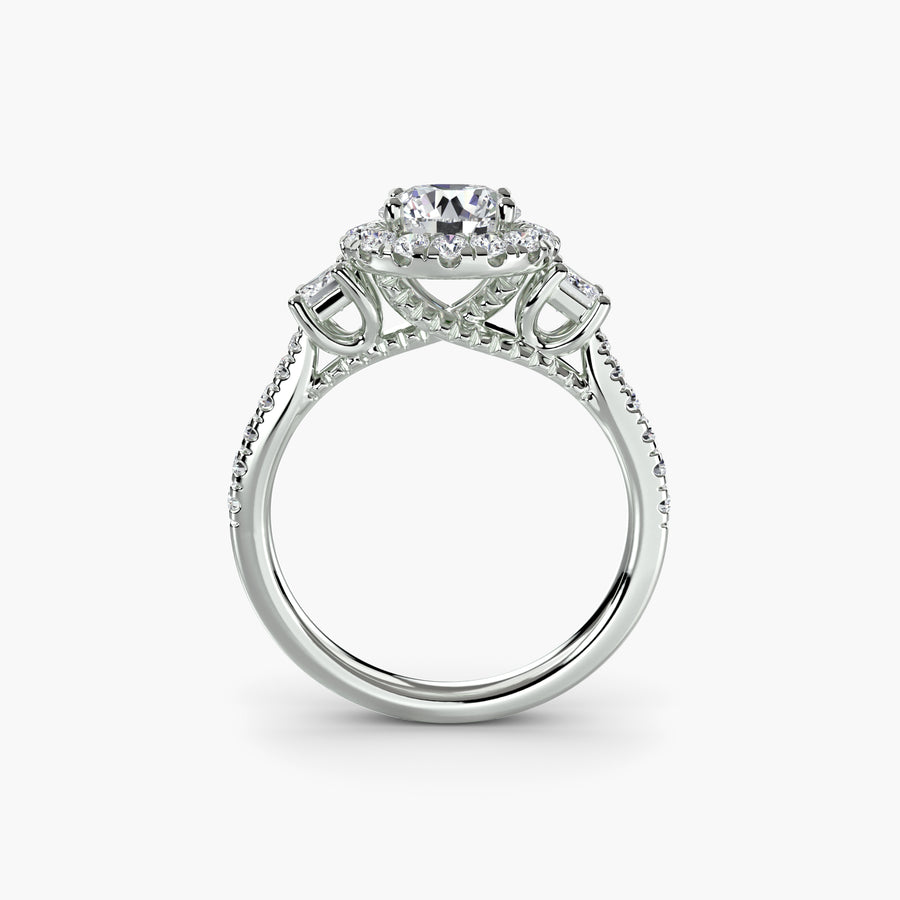 Three-Stone Halo with Pavé Band — diamond engagement ring, GIA- or IGI-certified