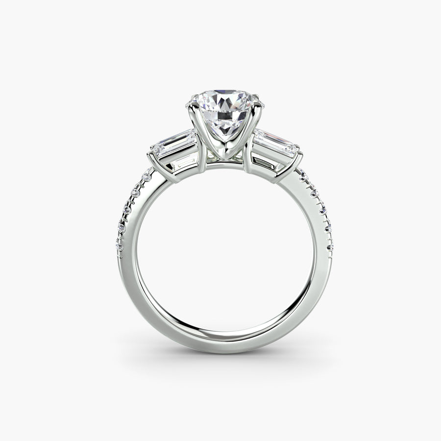 Three-Stone Baguette with Pavé Band — diamond engagement ring, GIA- or IGI-certified